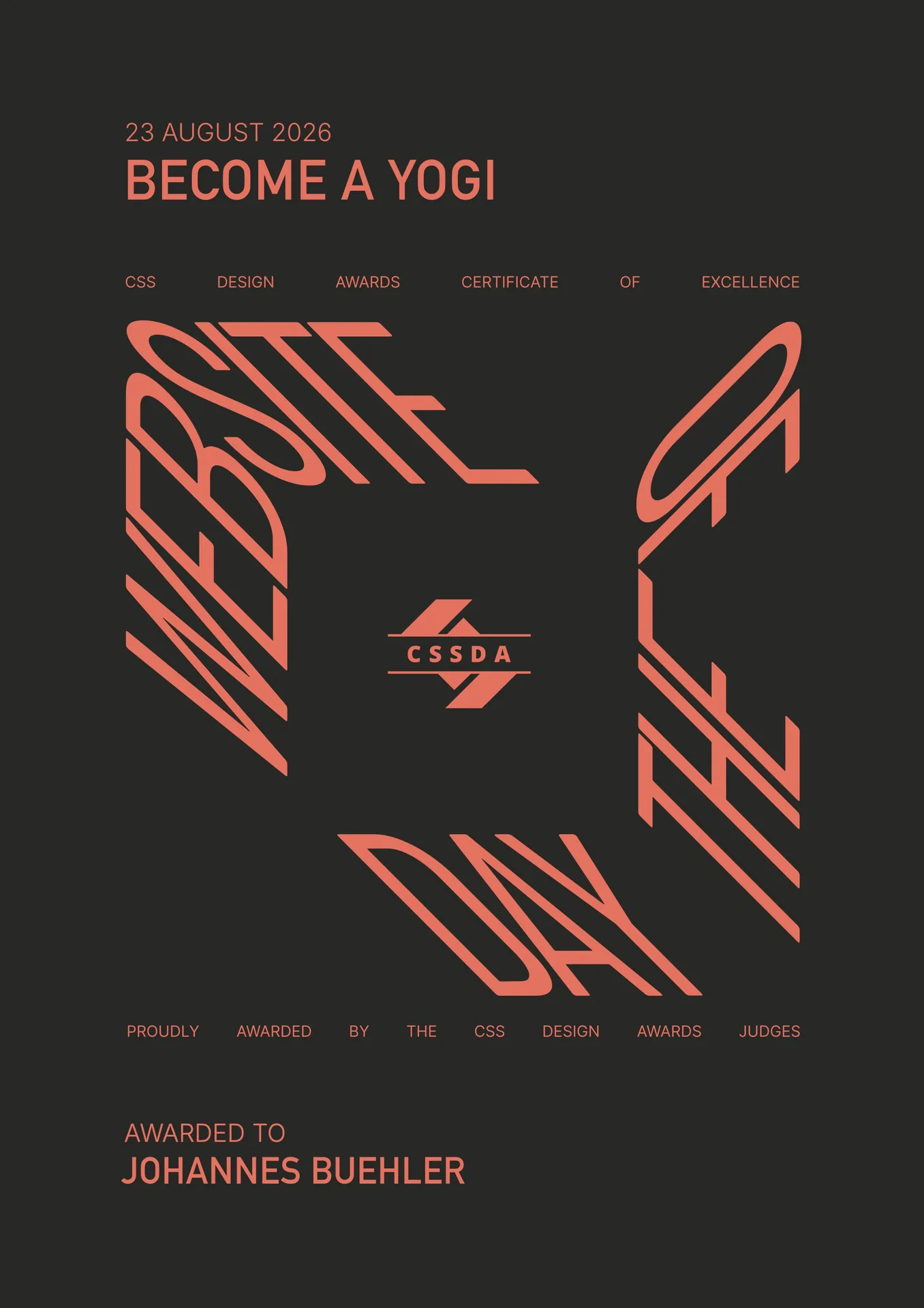 CSS Design Awards certificate, Website of the Day, 23 August 2026, Become A Yogi, awarded to Johannes Buehler
