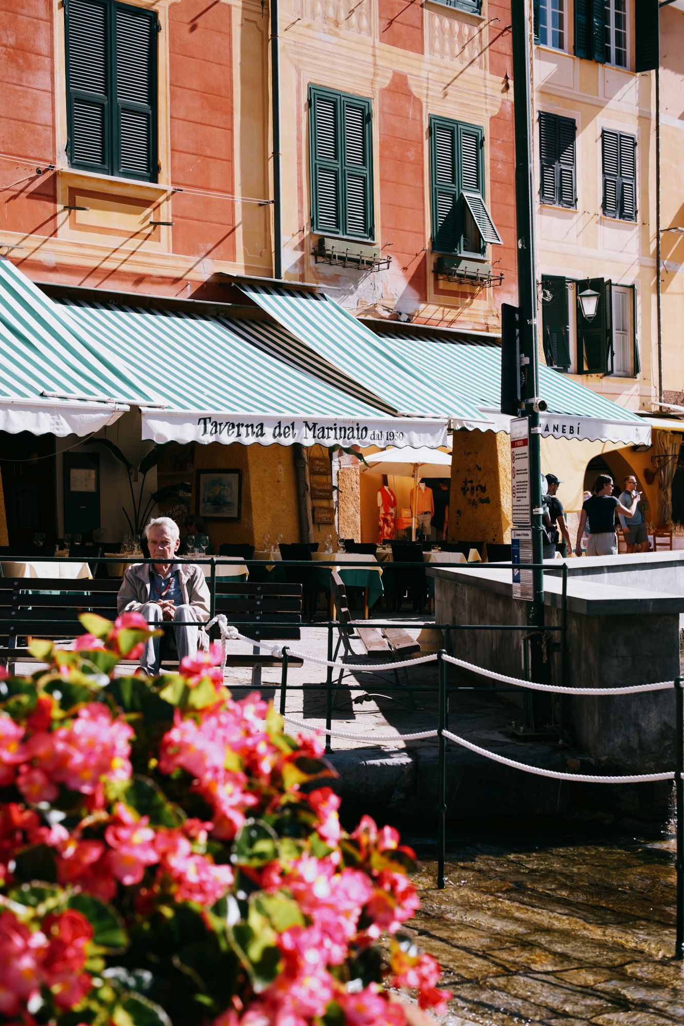 Pink bougainvillea in front of pastel Ligurian façades and a café awning in Portofino.