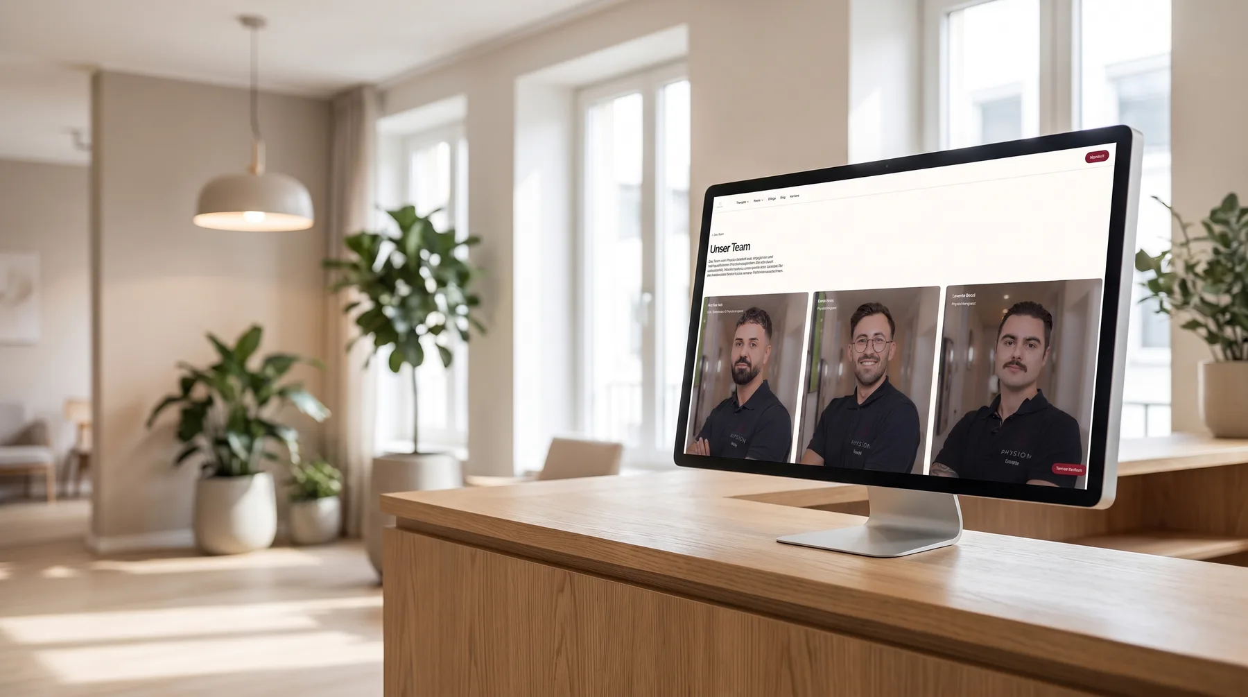 Die Teamseite von Physion auf einem Display am Empfang der Praxis