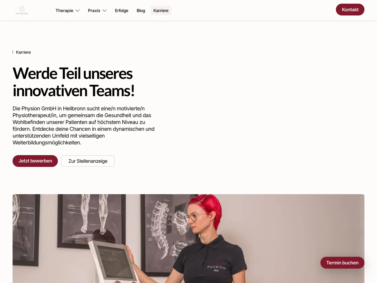 Die Seite Careers von Physion