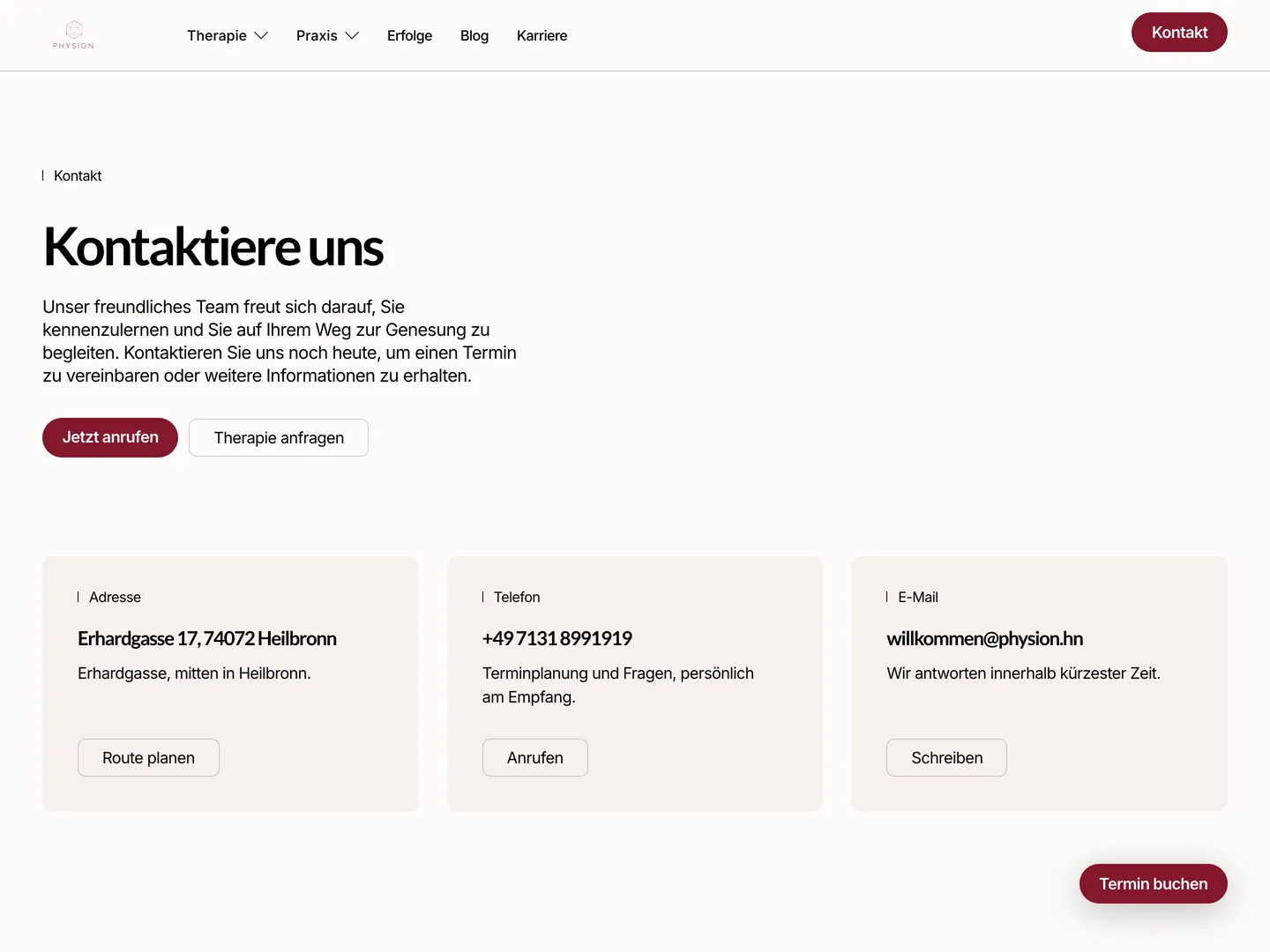 Die Seite Contact von Physion