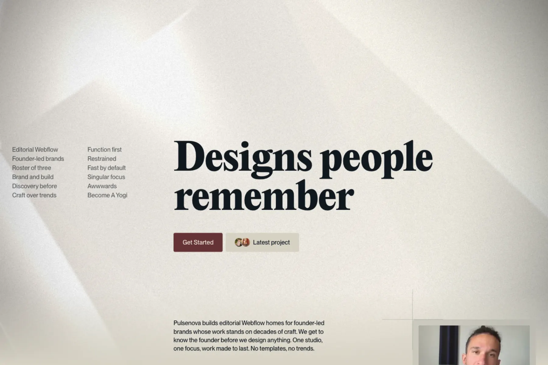 The Pulsenova homepage on a pale background, headline Designs people remember
