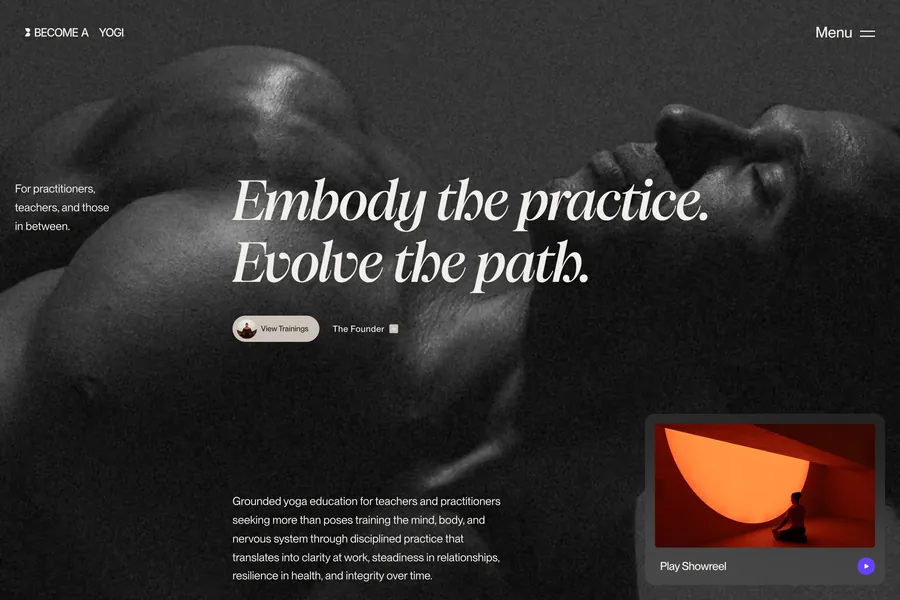 The Become A Yogi homepage with a black and white portrait and the headline Embody the practice, evolve the path