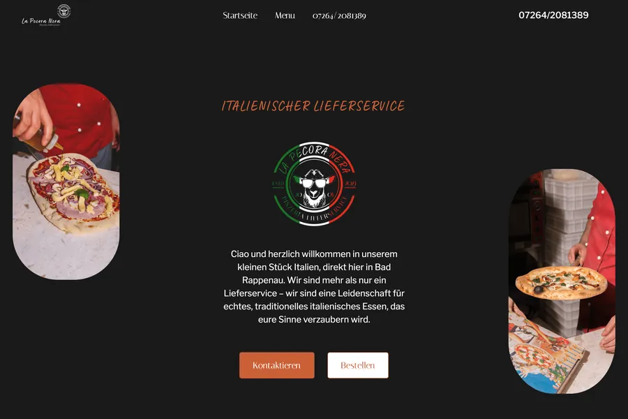 The La Pecora Nera website, a dark page for the Italian delivery service with pizza photographs and the restaurant crest