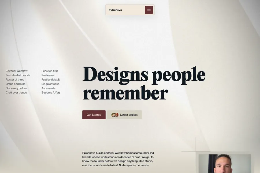 The Pulsenova homepage on a pale background, headline Designs people remember